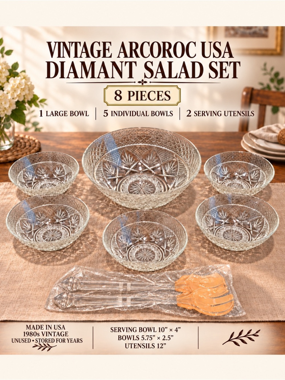 Vintage Arcoroc USA Diamant 8-Piece Glass Salad Bowl Set